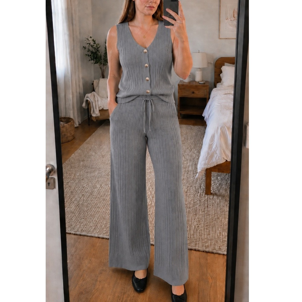Womens Knit Set L/XL Gray Ribbed Tank Wide Leg Pant Minimalist Loungewear Chic